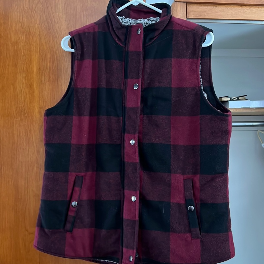 Buffalo plaid vest.